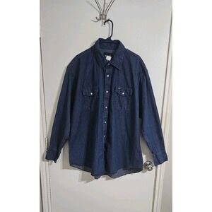 Wrangler Denim Shirt Women XXL Blue Western Pearl Snap Cowgirl Country Dark Wash